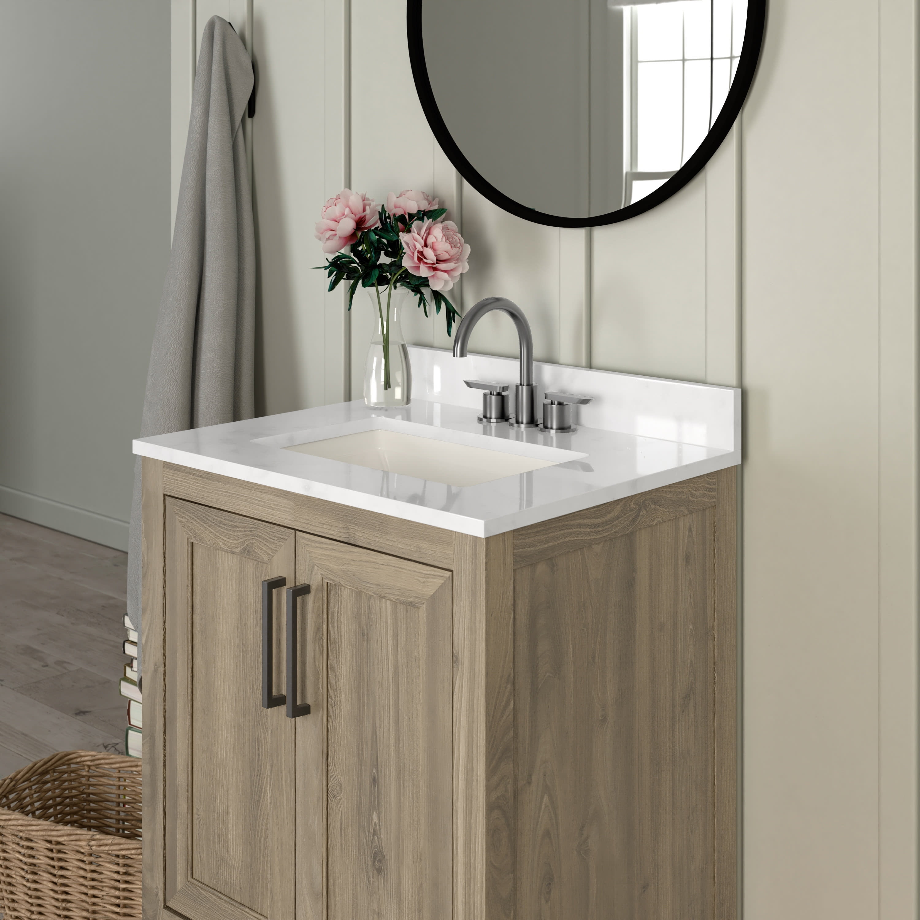 Emma + Oliver 24 Inch Bathroom Vanity, Single Sink Cabinet with 2 Soft Close Doors and Open Shelf, Carrara Marble Finish Countertop, Brown