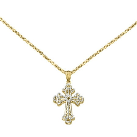 14kt Yellow and White Gold Polished Filigree 2-Level Heart Cross Pendant