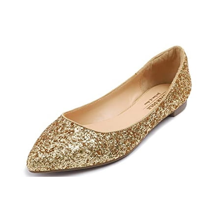 

Feversole Women s Sparkle Memory Foam Cushioned Colorful Shiny Ballet Flats Glitter Gold Pointed Size 9.5 M US