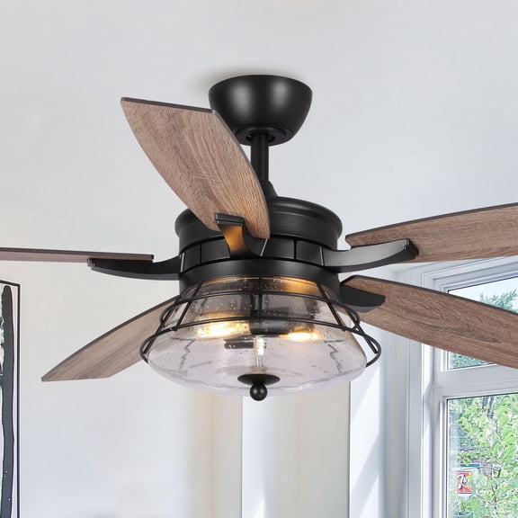 Parrot Uncle 52" Rustic Black Caged Ceiling Fan with Lights and Remote Control, Glass Shade Chandelier Ceiling Fan