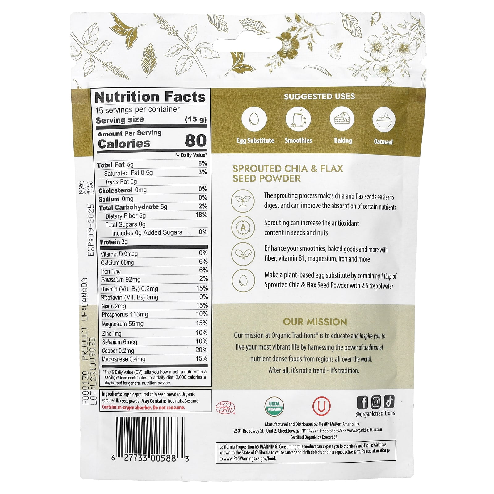 Organic Traditions, Sprouted Chia & Flax Seed Powder, 8 oz Pack of 4