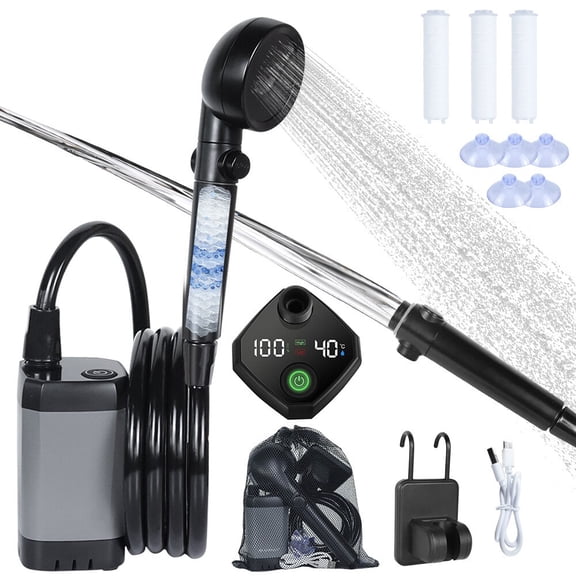 ASTRAEA Portable Camping Shower, 6000mAh Rechargeable Outdoor Shower Pump with LED Display, IPX7 Waterproof Camping Shower Kit for Hiking, Travel, Car Washing, RV, Pet Bath