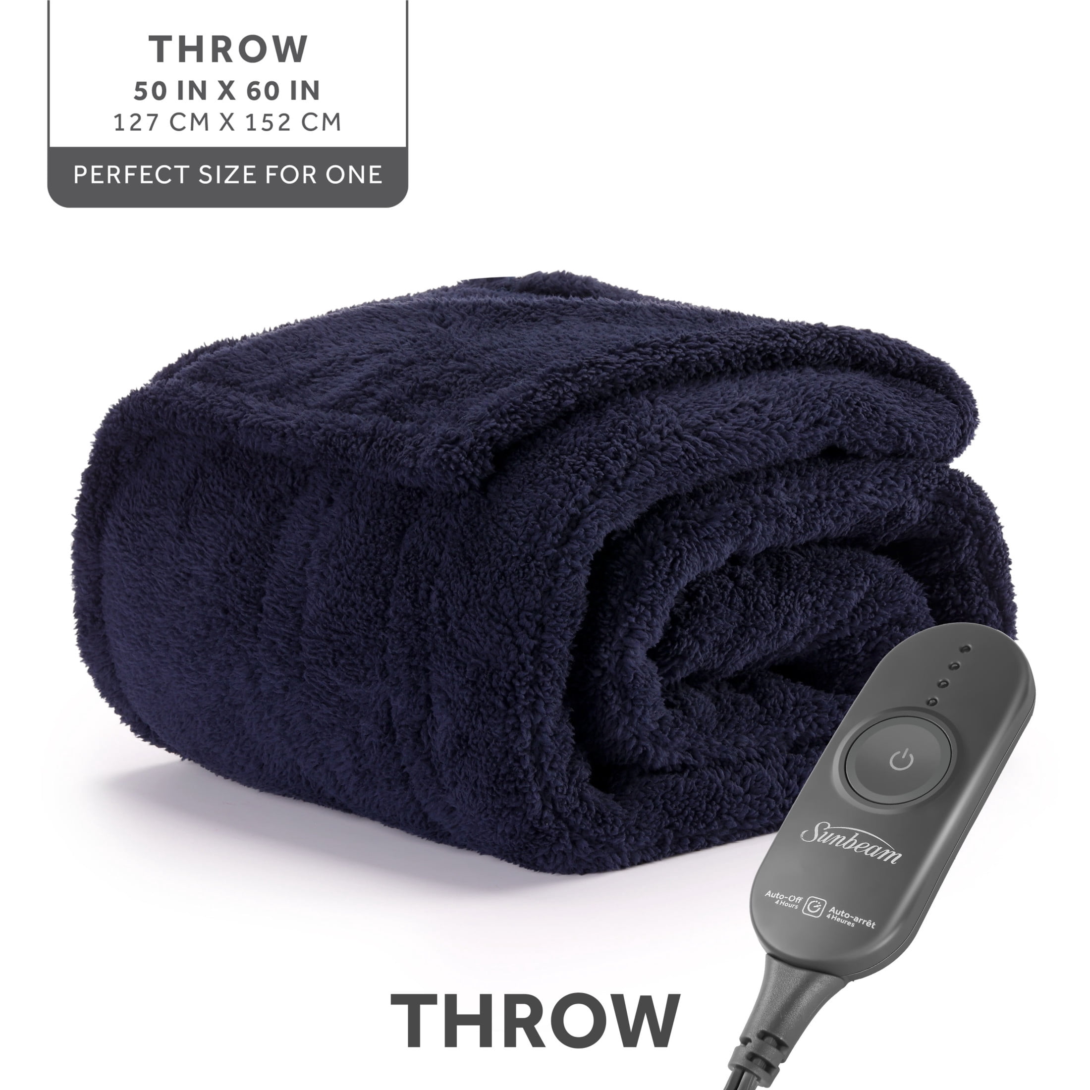 Sunbeam LoftTec Heated Throw Blanket Foot Pocket 3 Heat Settings 3-Hour Auto Off 50"x60"