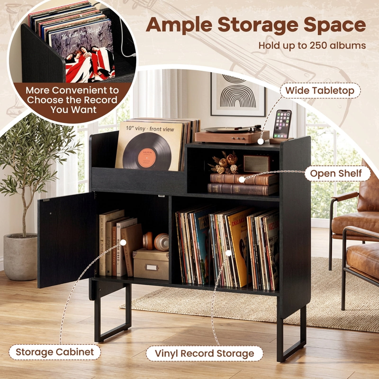 Furnibear Record Player Stand with Power Outlets USB Type-C Ports and Vinyl Storage Holder for up to 250 Albums Cabinet, Black
