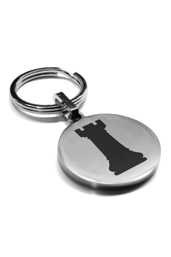 Stainless Steel Rook Chess Piece Round Medallion Keychain Circle Ring