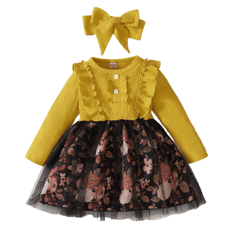 

OLLUISNEO Infant Baby Girls Dress 18 Months Winter Dress 24 Months Solid Color Long Sleeve Rose Prints Layer Dress Headband 2PCS Set Yellow