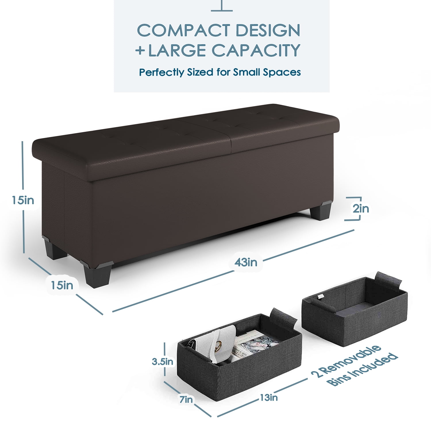 StorageBud Ottoman with Storage Bench, 43-inch Storage Ottoman, Leather, Brown