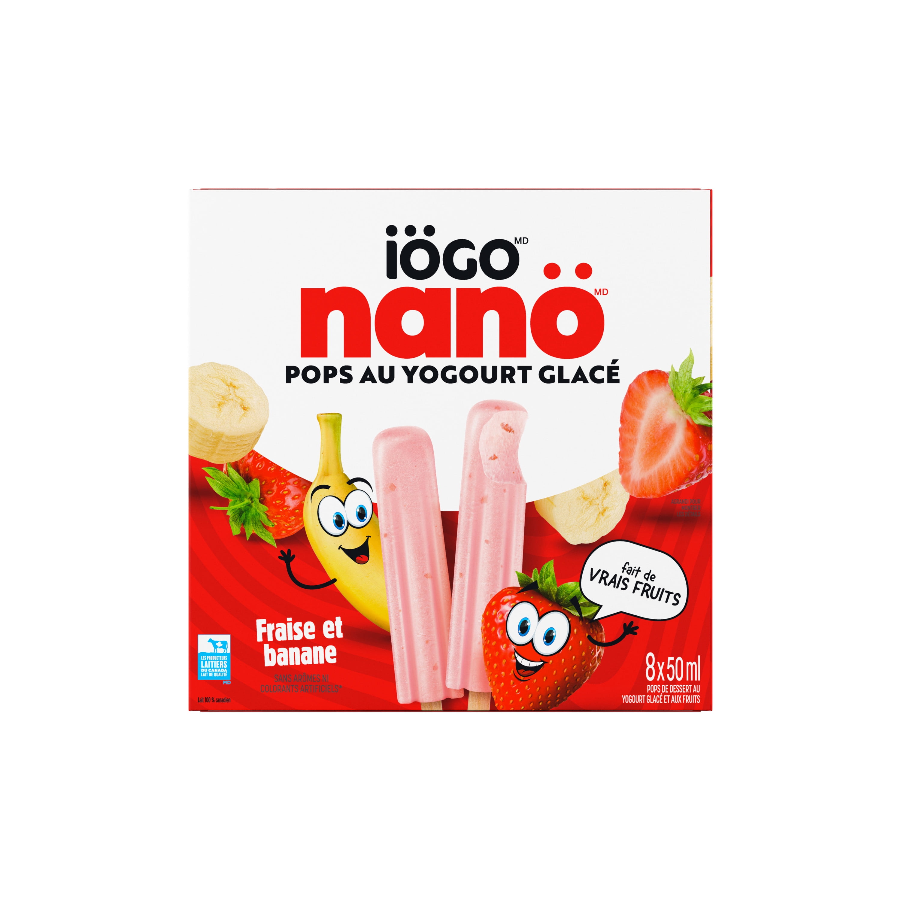 IÖGO Nano Frozen Yogurt Pops, Strawberry Banana, Real Fruit, 45 Calories Per Pop, 8 x 50 ml