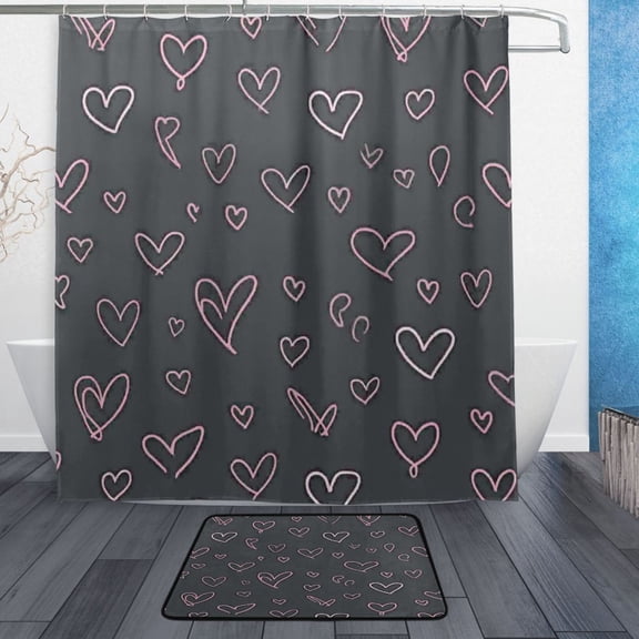 Modern Shower Curtain Set ,Waterproof Bathroom Shower Curtain Decorative Set with 12 pcs Hooks,Dotted Plastic Base Non-slip Durable 66 x 72in Pink Heart-shaped Pattern