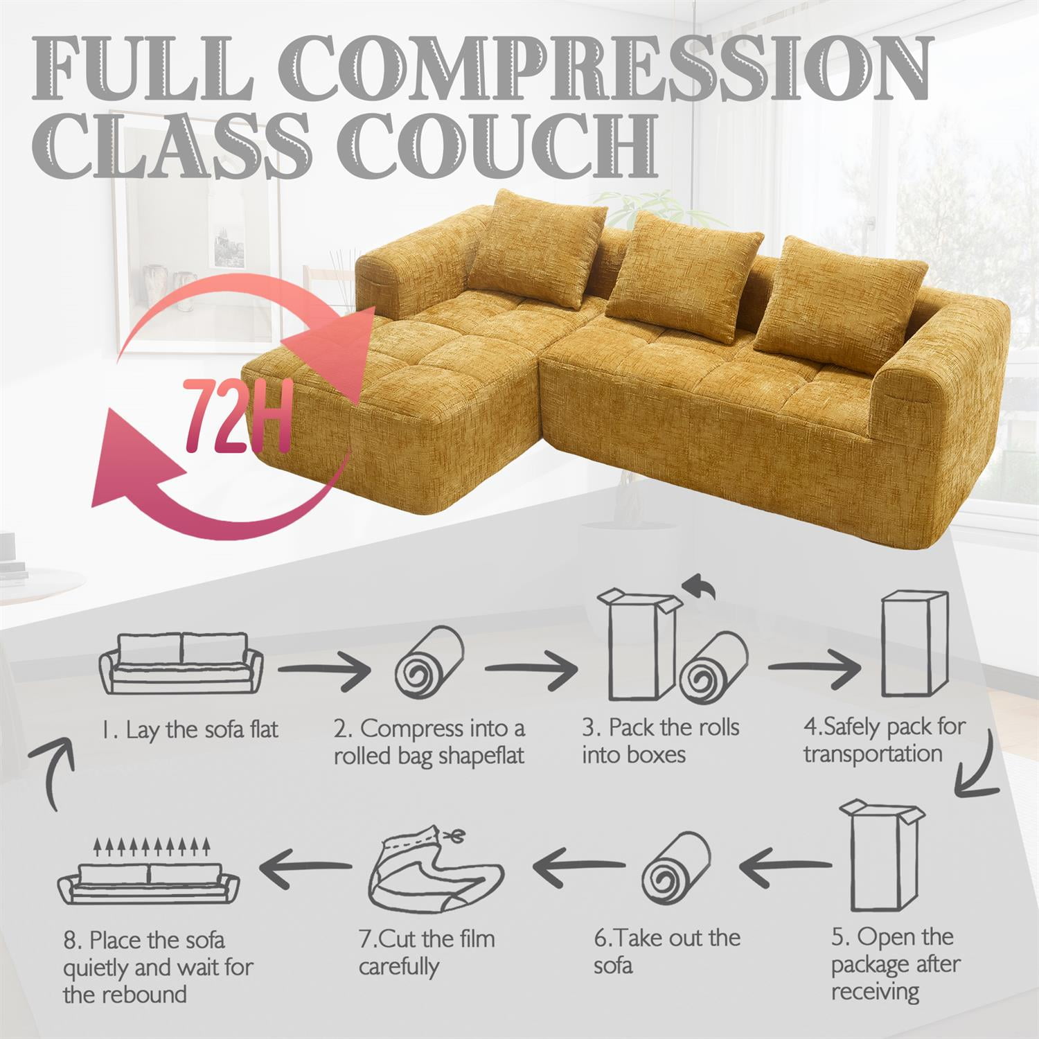 Demi Bonn 98" L-Shaped Modular Sectional Sofa with Chaise, Side Pockets, Modern Comfort Couch, Compression-Free Installation for Living Room, Yellow