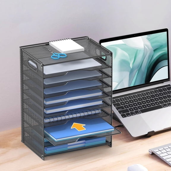 10 Tier Paper Organizer - Letter Tray Mesh Desk File Organizer with Handles for Office School Desktop, Black