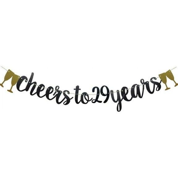Cheers to 29 Years Banner,Pre-Strung, No Assembly Required,Black Paper Glitter Party Decorations For 29TH Wedding Anniversary 29 Years Old 29TH Birthday Party Supplies Letters Black