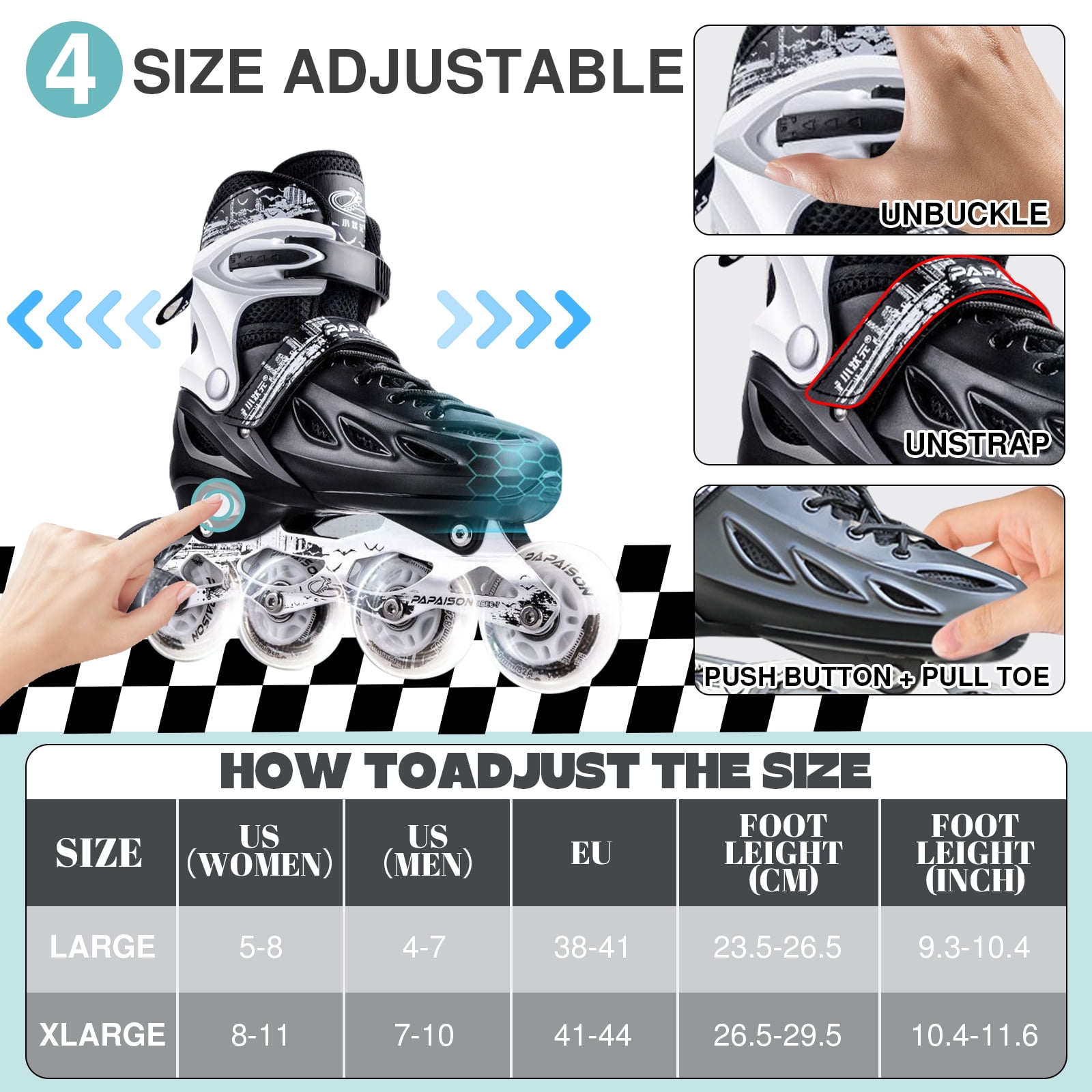 GIATUEE Inline Skates for Men Women, Light up Wheels Adjustable Size Roller Skates(XLarge)