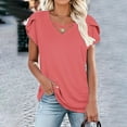 thumbnail image 6 of HOMBOM Shirts for Women Summer V Neck Watermelon Red Loose Short Sleeve Ruffled Sleeve Solid Blouse M, 6 of 8