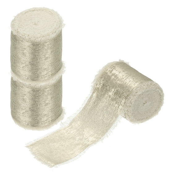 Uxcell Shimmery Chiffon Ribbon, 3 Roll 1.5 inch 15 Yard Metallic Frayed Fringe Ribbon Silk Satin, Champagne Gold