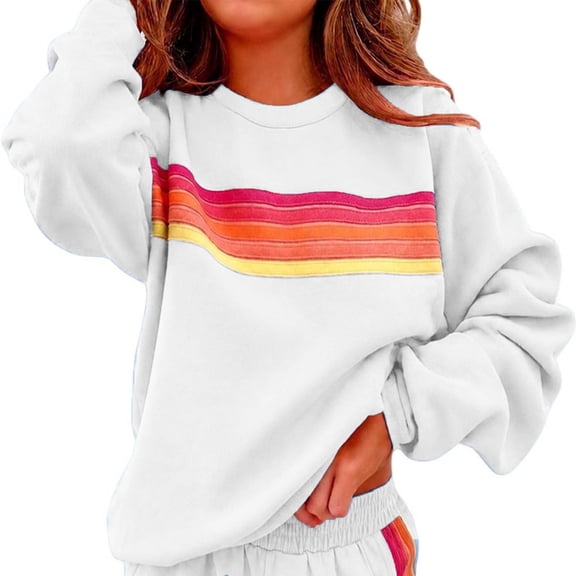 Virmaxy Womens Tops Women's Crewneck Graphic Sweatshirt Long Sleeve Oversized Drop Shoulder Retro Rainbow Stripe Soft Casual Pullover Top for Daily Wear, Sizes S to XXL