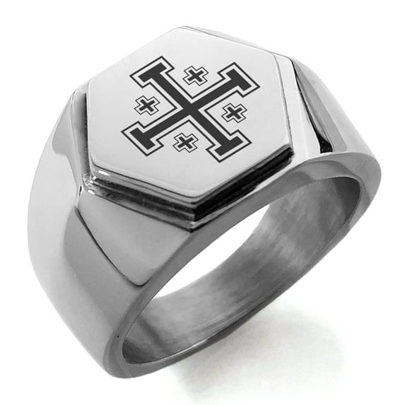 Stainless Steel Jerusalem Cross Engraved Hexagon Crest Flat Top Biker Style Polished Ring