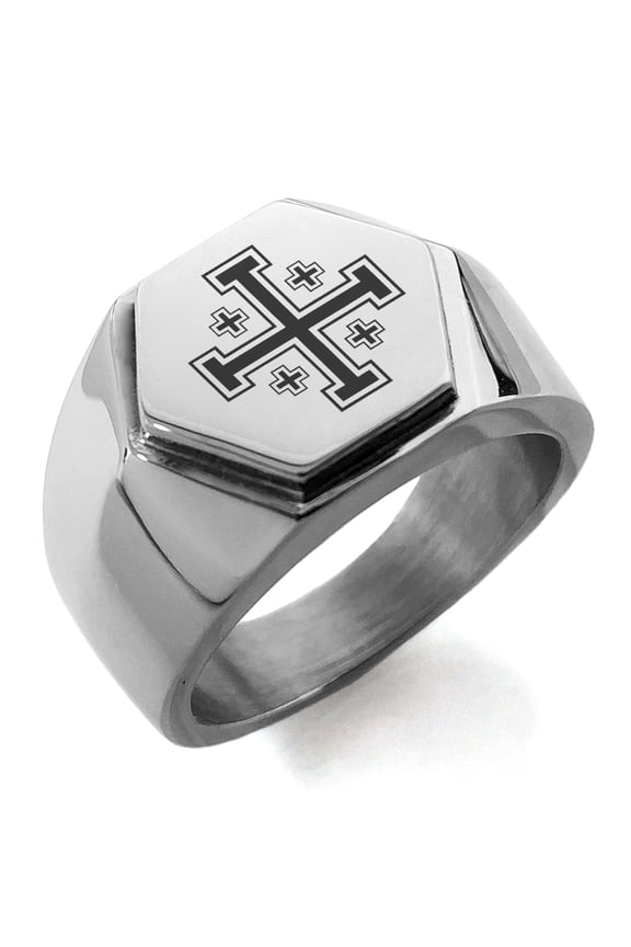 Stainless Steel Jerusalem Cross Engraved Hexagon Crest Flat Top Biker Style Polished Ring