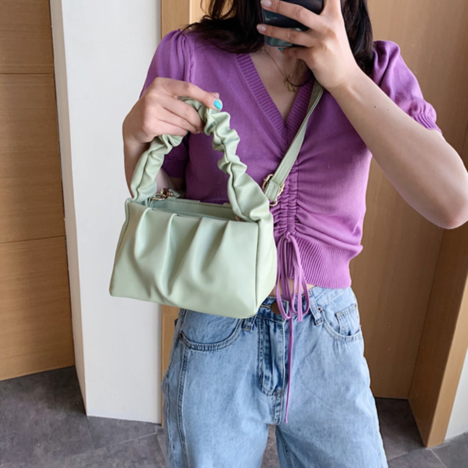 Women Faux Leather Cloud Ruched Tote Bag Solid Color Shoulder Pouch Handbag