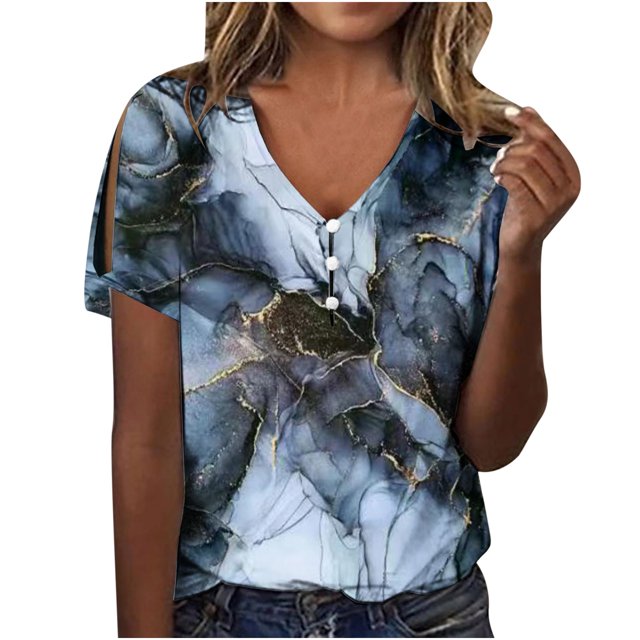 Gibobby Blusa Casual de Mujer Camiseta manga corta con cuello en V y botones manga corta con agujeros informales verano para mujer(Gris,XL)