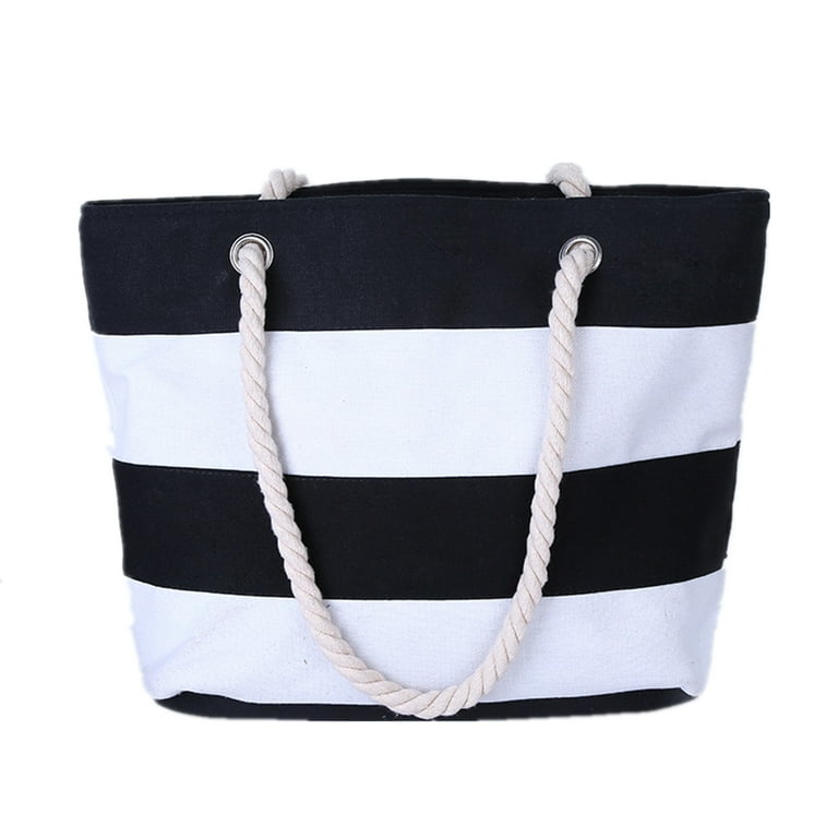 Muka Large Striped Canvas Beach Tote Bag with Inner Zipper Pocket and Rope Handle for Travel, Shopping, Beach, 18 inchl x 14 inchh x 5 1/8 inchW-Black
