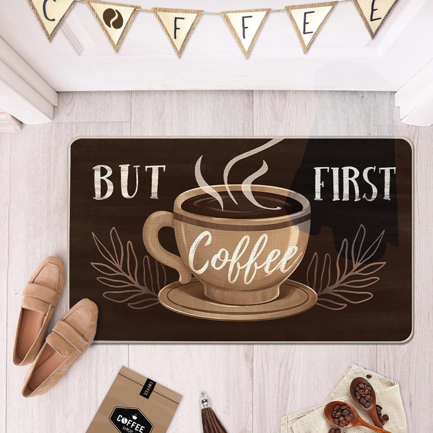 But First Coffee Themed Decorative Front Door Mat, Coffee Cup Welcome Doormat Indoor Outdoor Brown Non-Slip Floor Entryway Rug, Coffee Bar Cafe Home Kitchen Decoration 17x30 Inch