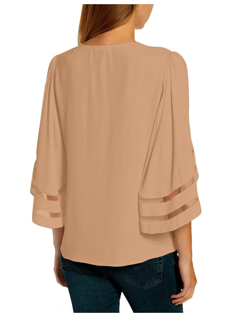 luvamia Women's Casual 3/4 Crop Sleeve Blouses V Neck Mesh