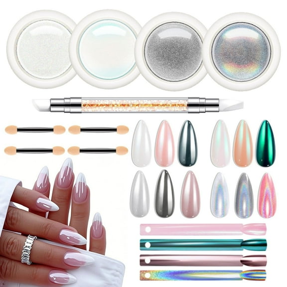 modelones Chrome Nail Powder 4 pcs, White Pearl Nail Chrome Powder, Iridescent Aurora Glitter Mermaid Silver Metallic Mirror Holographic Effect Pearlescent Pigment Dust Kit Resin Craft