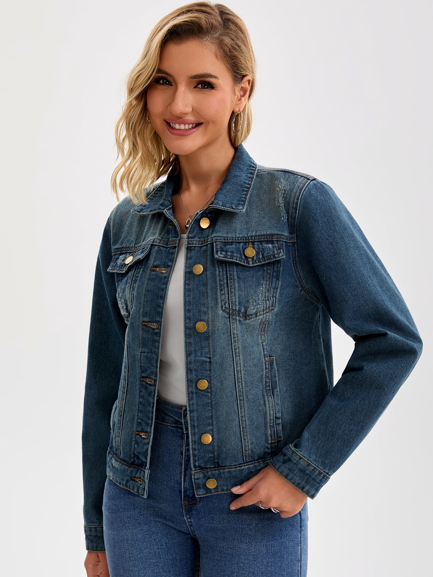 DARING DIVA Women's Classic Washed Long Sleeve Denim Jackets With Pockets M Blue