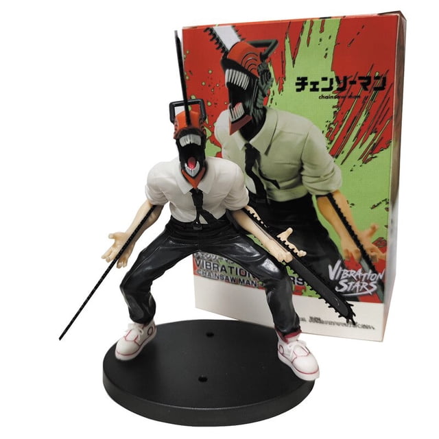 chainsaw man action figure denji figuras anime 18cm manga figurine chainsawman pvc collection model doll gift for children boy Remastered Denji de 18 cm en base negra, vista 3/4 frontal: camisa blanca de manga corta con corbata negra, pantalones negros, tenis blancos con detalle rojo, brazos descubiertos con detalles pintados, cabeza sierra roja y hoja en el pecho; incluye caja ilustrada tipo retail; apto para colección o regalo.