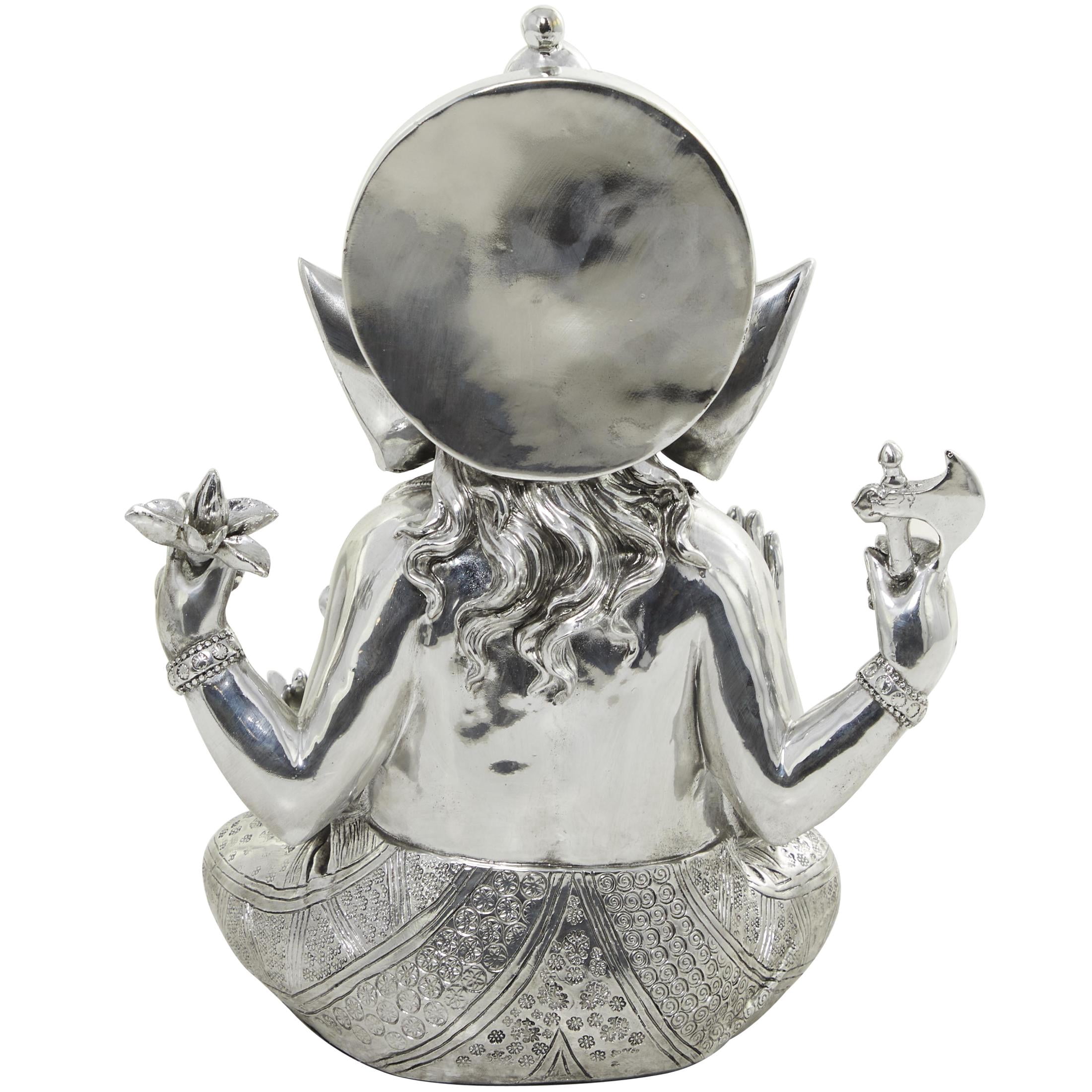 12" x 16" Silver Polystone Meditating Ganesh Sculpture with Engraved Carvings, by DecMode