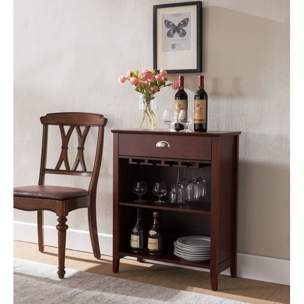 Waylon Dark Cherry Wood Contemporary Storage Wine Bottle Glasses Cabinet Console Table With Drawer Walmart Com Walmart Com