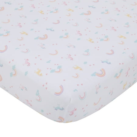Little Love by NoJo Rainbow Unicorn Pink, Aqua, Yellow and White Fitted Crib Sheet