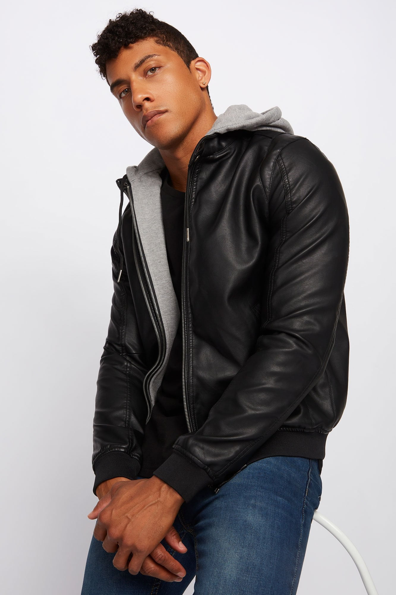 Urban Planet Men's Jersey Hood Faux-Leather Bomber Jacket | Walmart Canada