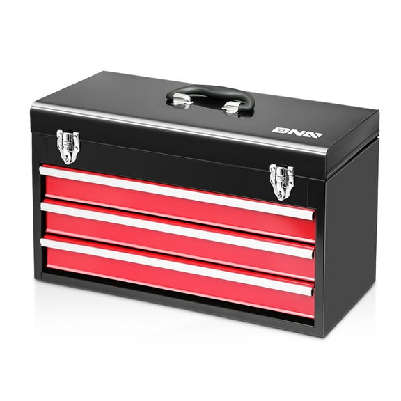 DNA Motoring TOOLS-00407 20" 3 Drawers Sturdy Durable Flat Top Steel Portable Hand Carry Multiple Storage Tool Storage Box Red