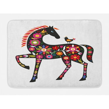 Folk Art Bath Mat, Abstract Animal Print Horse and Bird with Traditional Slovak Flower Ornaments, Plush Bathroom Decor Mat with Non Slip Backing, 29.5" X 17.5", Multicolor, by Ambesonne