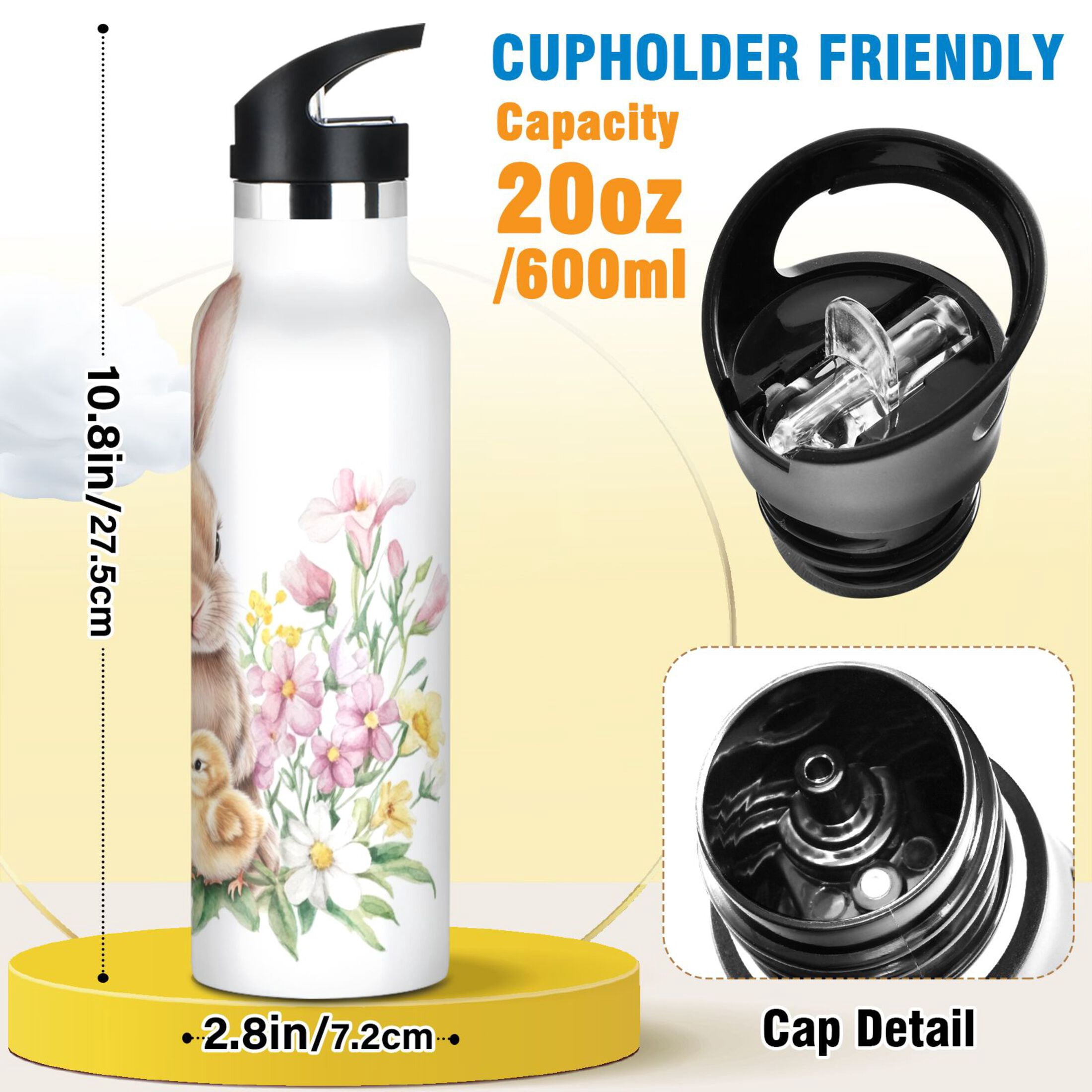 Kids Insulated Stainless Steel Sports Water Bottle 600ml (20oz), BPA-Free Easter Bunny and Chicks