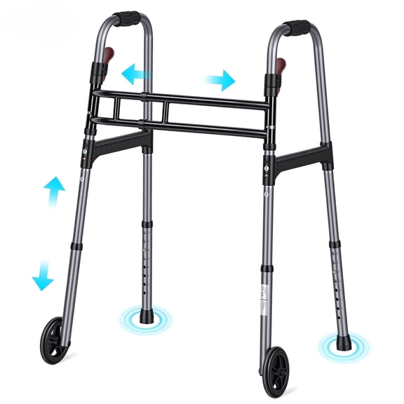 Naipo Medical Double Crossbar Folding Walker for Seniors and Adults, Lightweight 3-in-1 Aluminum Walker with Wheels, Adjustable Height & Width, Supports Up to 300 lbs