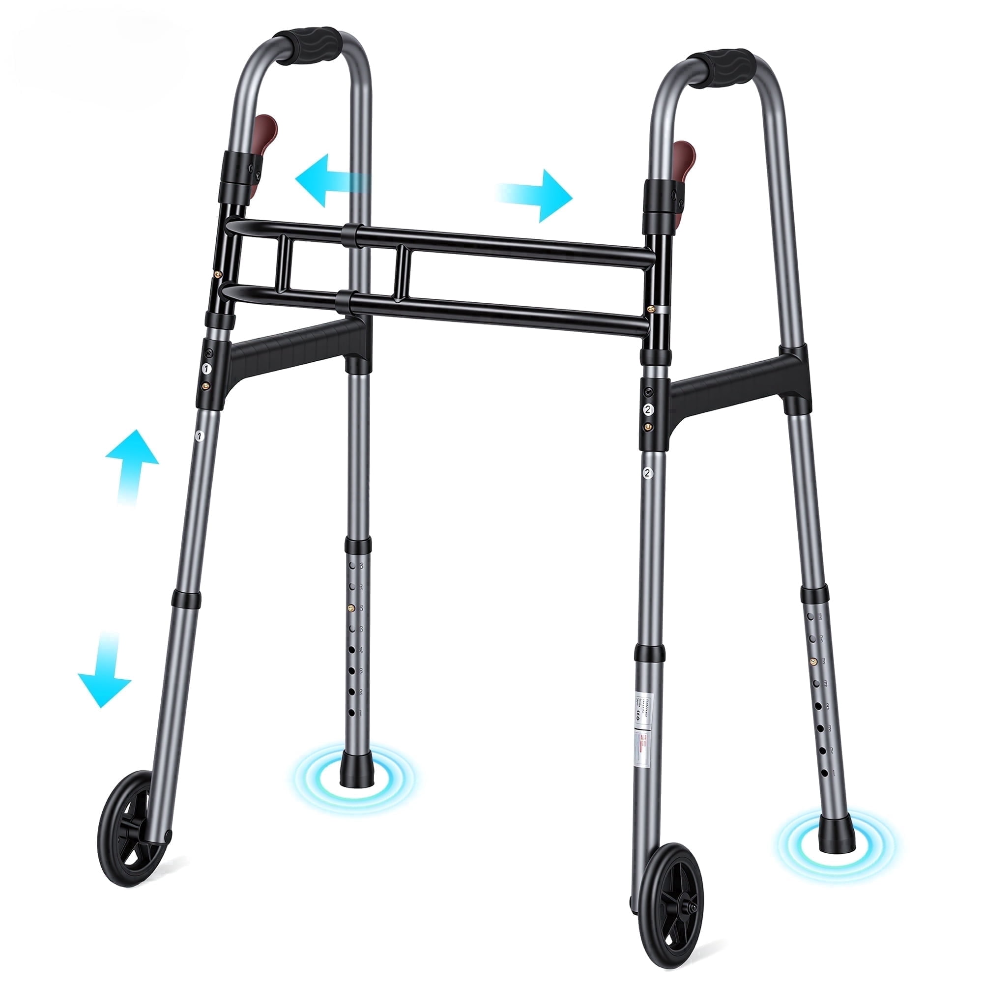 Naipo Medical Double Crossbar Folding Walker for Seniors and Adults, Lightweight 3-in-1 Aluminum Walker with Wheels, Adjustable Height & Width, Supports Up to 300 lbs