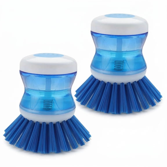 CNDRLEF Soap Dispensing Palm Dish Brush, Refillable Dish Scrubber, 2-Pack, Blue, 3.5 in, Stiff Bristles for Pots, Pans, Dishes & Sink