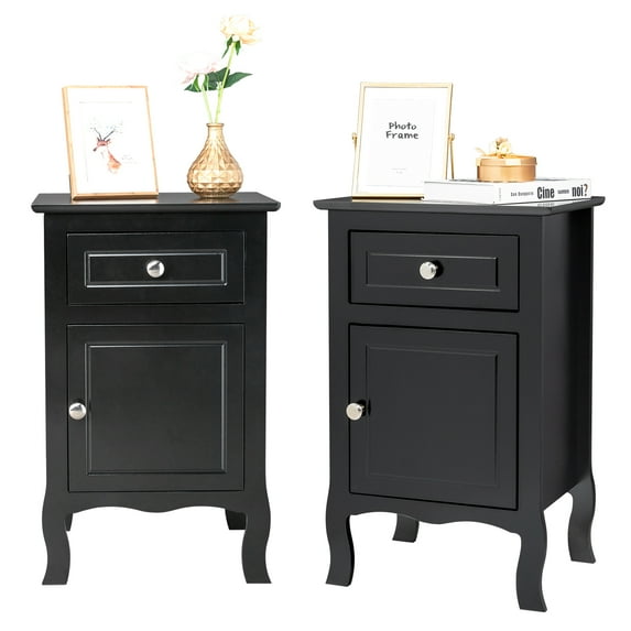 Hefilesy FCH 2pcs 40*30*63cm Country Style Spray Paint Curved Feet One Draw One Door Night Table Black