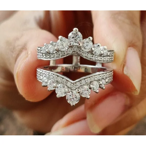 2.70 Ct Round Cut Moissanite Enhancer Wedding Wrap Ring Guard 14K White Gold Plated