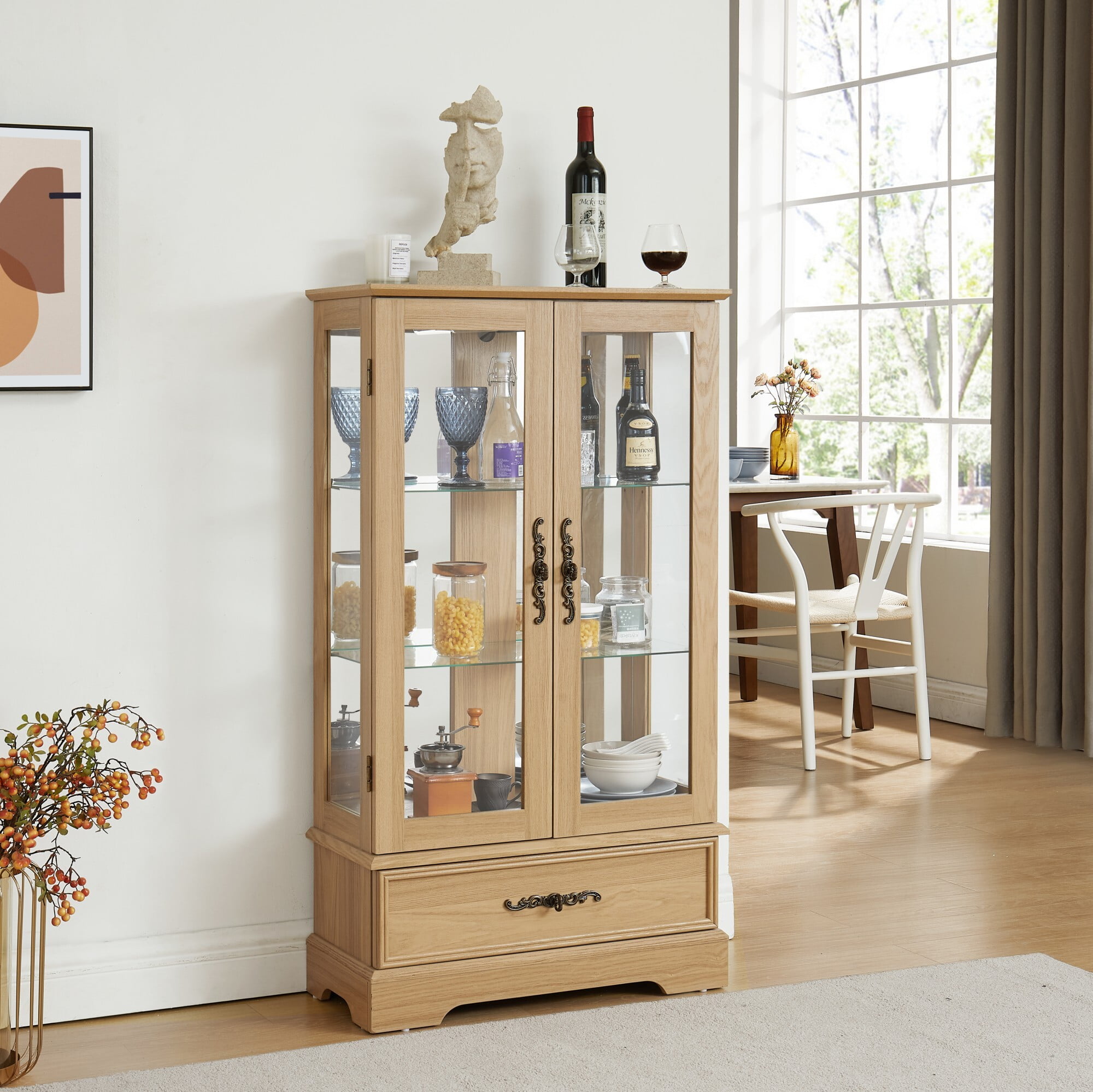 AENKYO 47" Retro Glass Curio Cabinet with Light Bulb - Vintage Display Case with Adjustable Glass Shelves, Oak