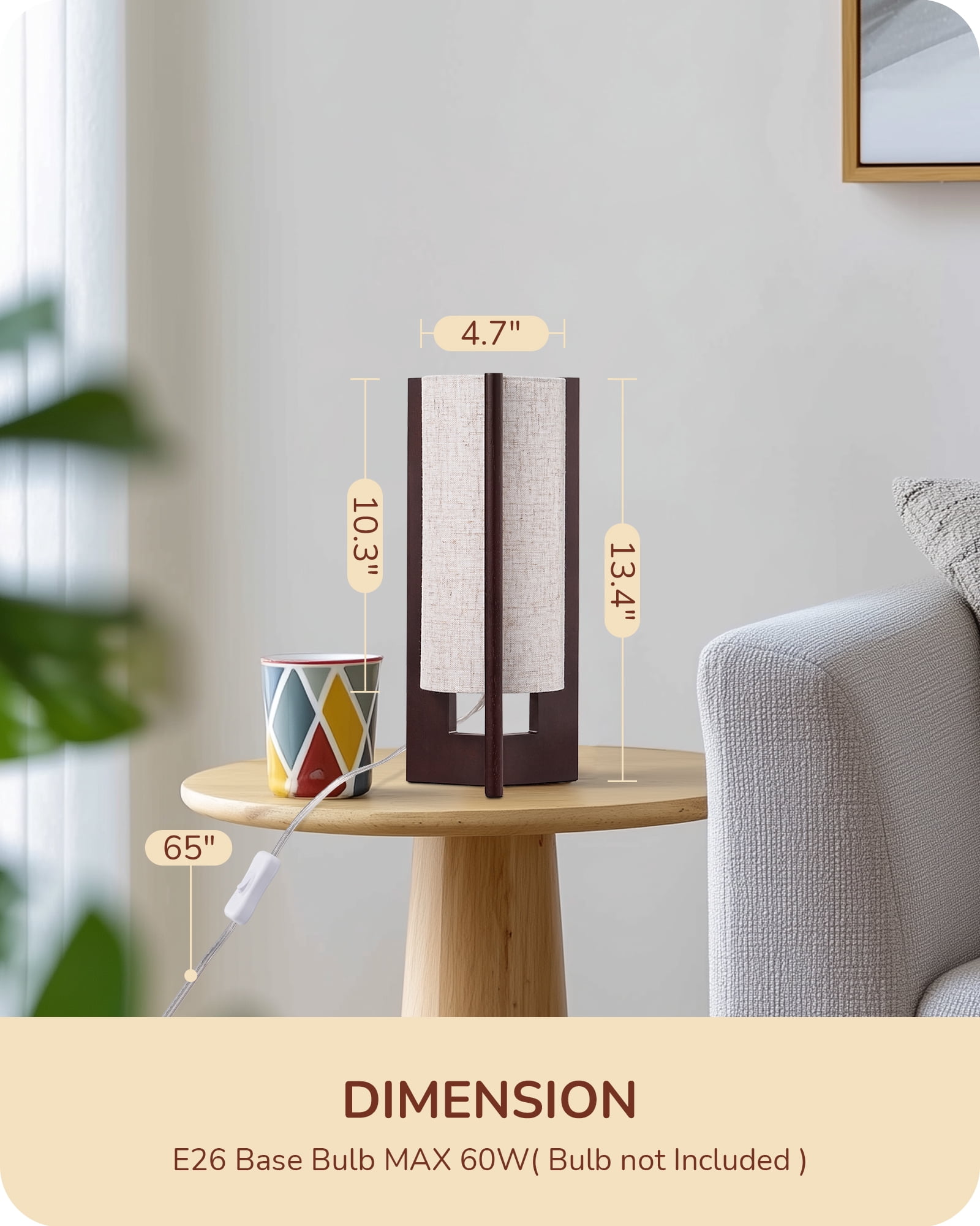 EDISHINE Table Lamp for Living Room Bedroom Wood Body Linen Shade E26 Base