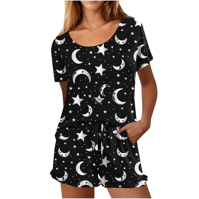 wmjolc Ensemble de Pyjama pour Femmes 2 Pcs Tenues de Pyjama d'Été Col Rond Manches Courtes avec Cordon de Serrage Shorts à Volants Vêtements de Détente Décontractés