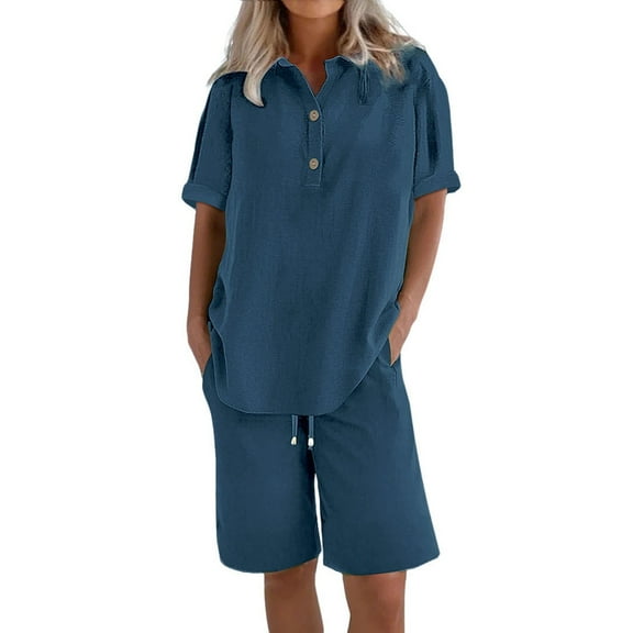 Pyhlmscde Womens Daily Casual Solid Short Sleeve V Neck Shirt Tops Pockets Elastic Waist Pants Shirt Trousers Set, Linen Shorts Set for Women, Linen Short Sets, Piece Sets Summer Dressy