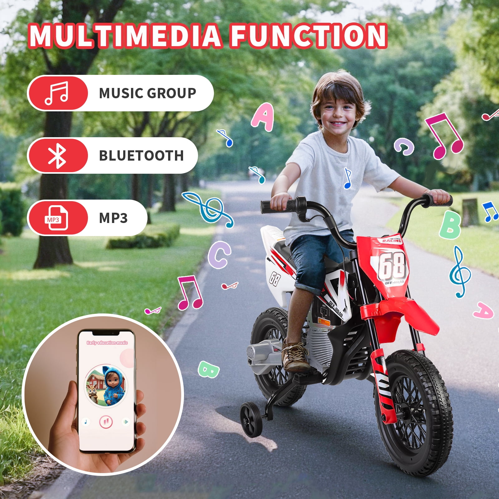Funcid 12V Electric Dirt Bike with Twist Grip Throttle, Ride on Motorcycle with 2 Training Wheels, Suitable for Ages 3-8, Bluetooth, MP3, Dual Motors, Spring Suspension