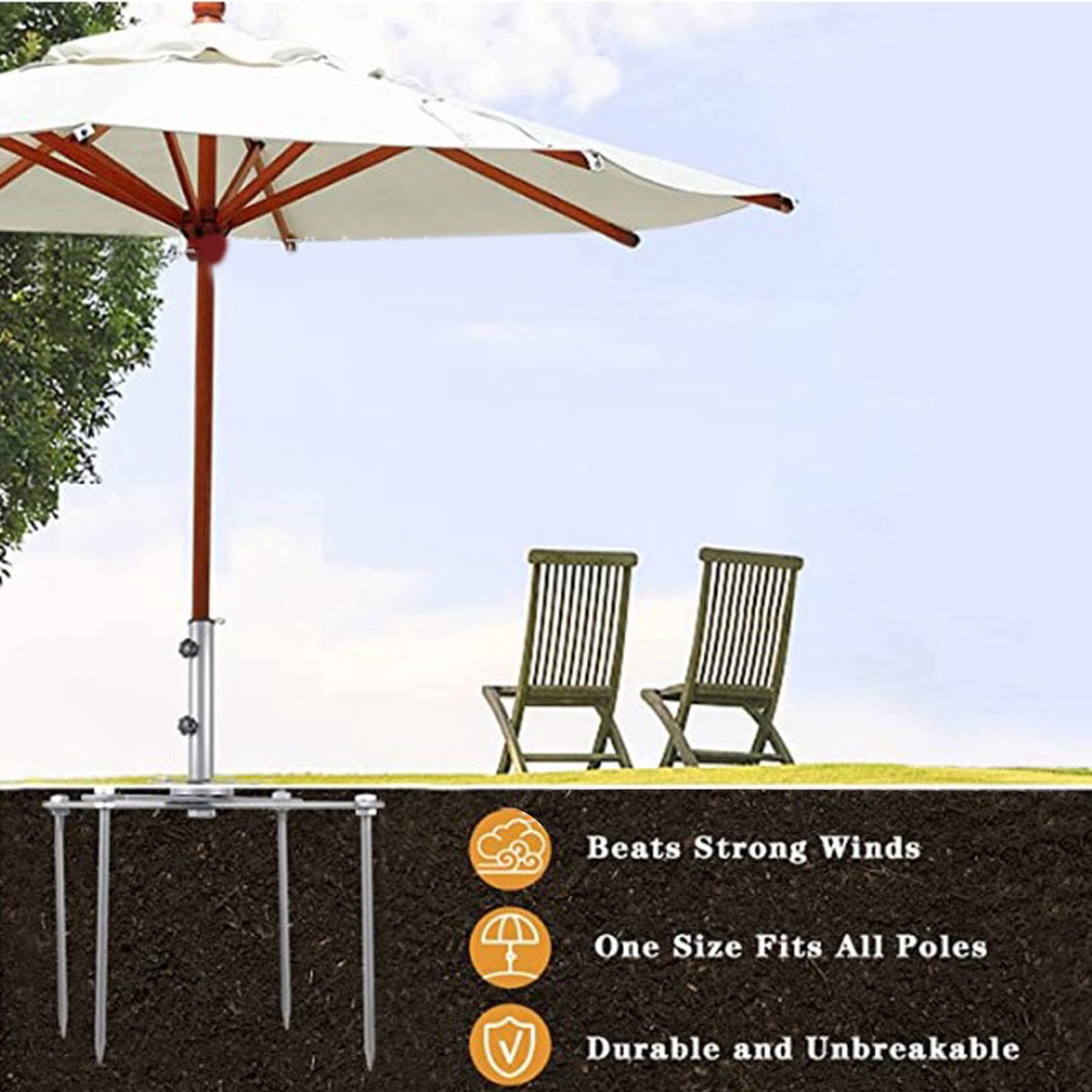 Suodoka Heavy-Duty Adjustable Stainless Steel Patio Umbrella Stand Inground Holder with 4 Spikes, Portable Ground Anchor Base for Beach, Yard, Garden and Park, Fits 1.73 inches / 44mm Poles