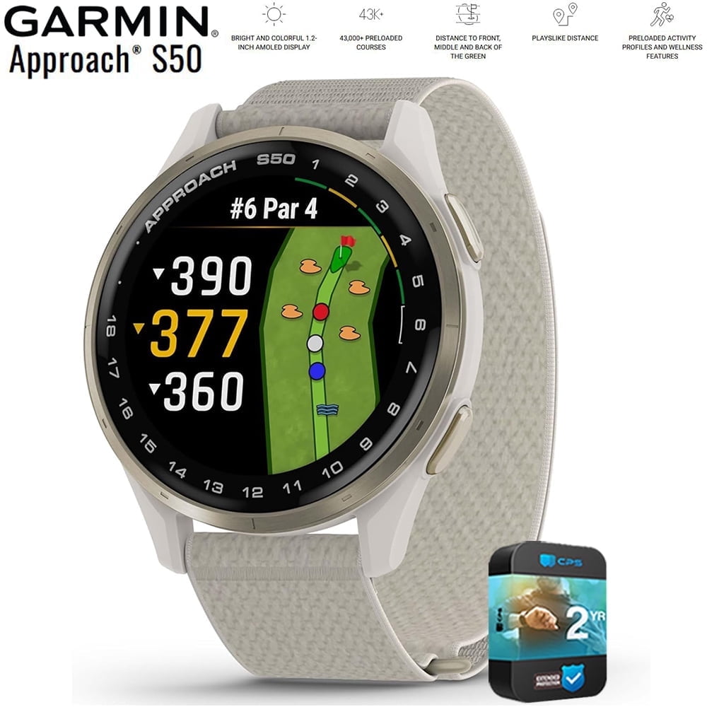 Garmin 010-03010-01 Approach S50, Advanced Golf GPS Smartwatch, AMOLED Display, On-Course Features Bundle with 2 YR CPS Enhanced Protection Pack