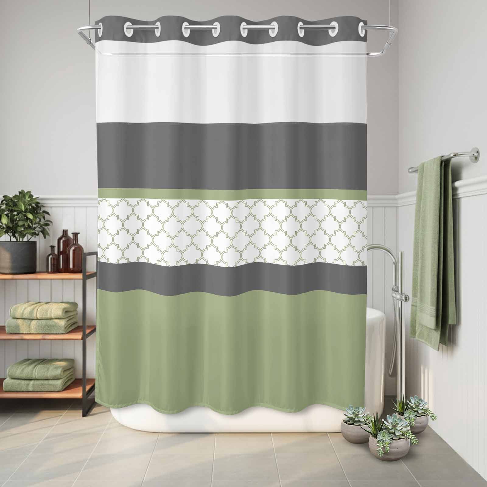 No Hook Shower Curtains for Bathroom Sage Green Morocco Waterproof Shower Curtain Restroom Decor Modern Stitching Geometric Striped Grey Bathtub Bath Curtains with See Through Top Window 60x72 Inch